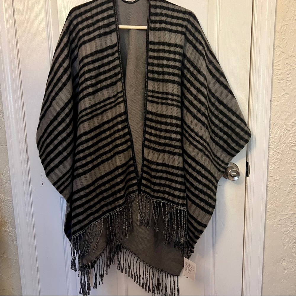 NWT Gray and Black Striped Cape Poncho Shawl w/ Fringe Striped